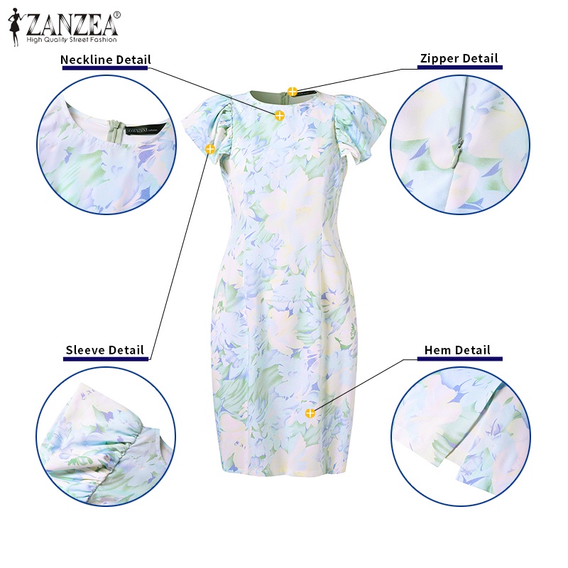Đầm ZANZEA cổ tròn tay cánh sen in họa tiết hoa phong cách Hàn Quốc thời trang cho nữ