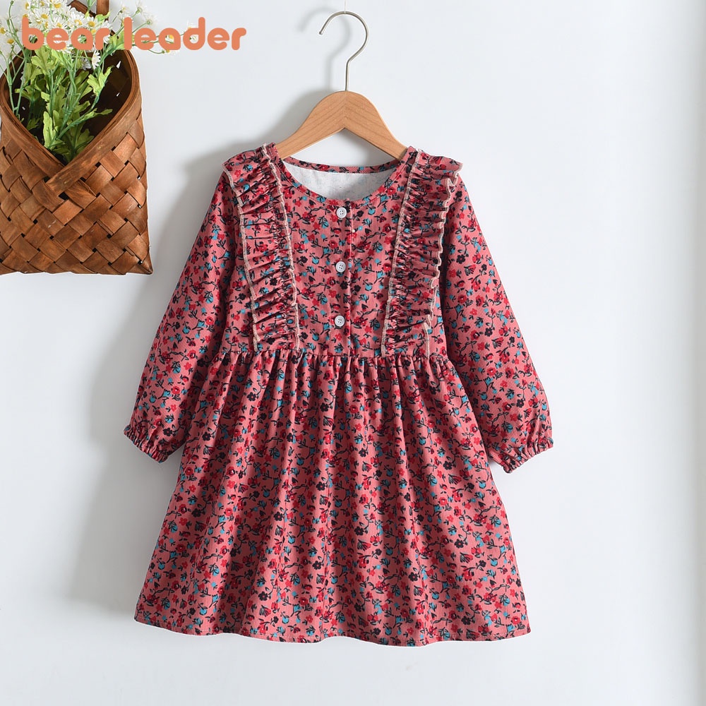 BEAR LEADER Đầm Công Chúa Tay Dài Cổ Búp Bê Phối Ren Hoa Thời Trang Thu Đông Cho Bé Gái 3-7 Tuổi