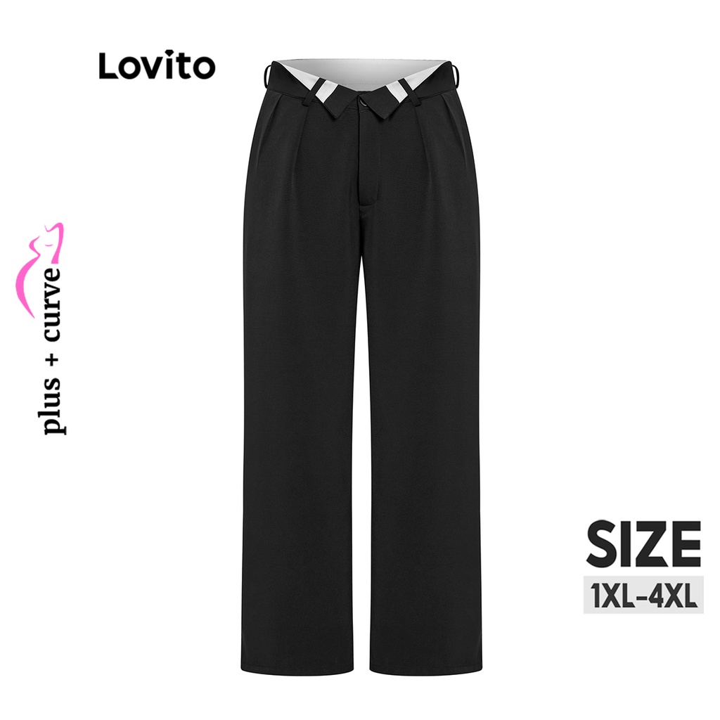 Quần LOVITO kết hợp màu sắc có khóa kéo màu trơn viền cong size lớn thường ngày cho nữ LPS08038 (màu đen)