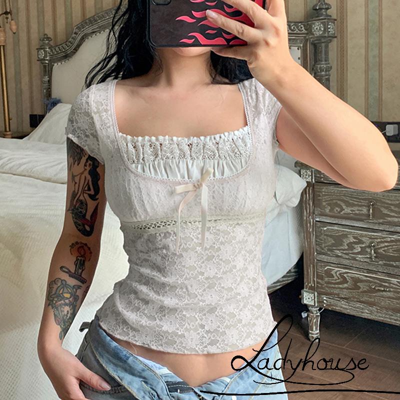 Áo Thun Crop Top Tay Ngắn Cổ Vuông Phối Ren Thời Trang Mùa Hè Cho Nữ