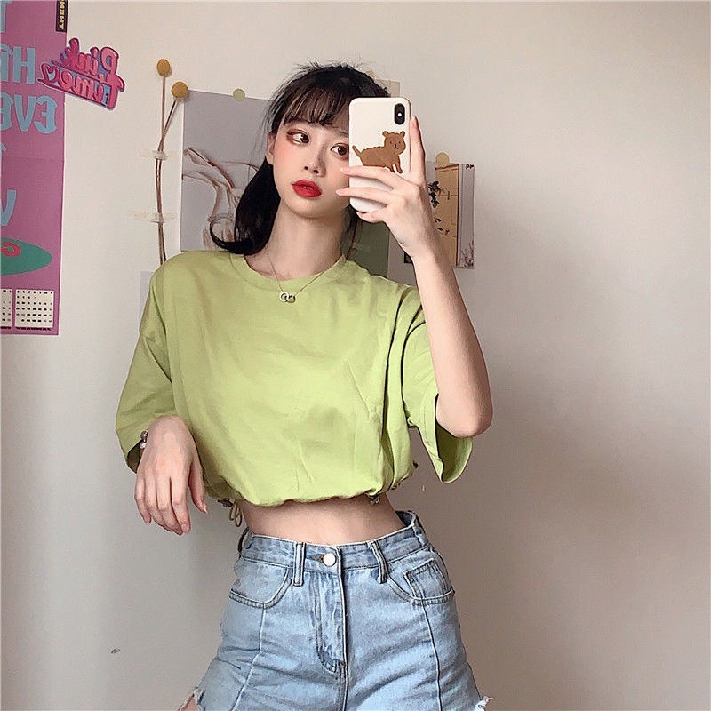 IELGY       Áo Thun Lửng Ngắn Tay Phong Cách Hàn Quốc Dành Cho Nữ