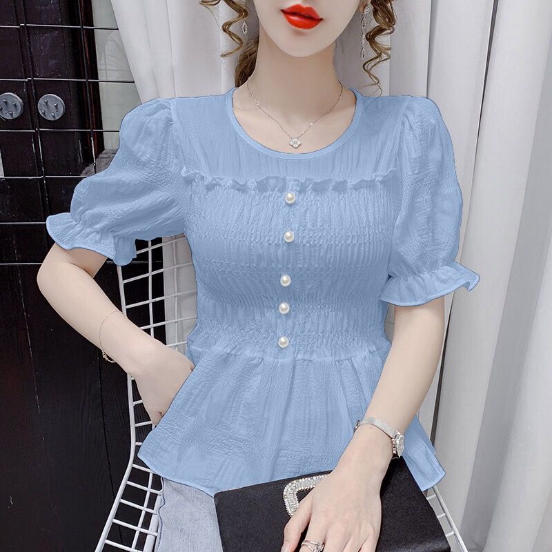 Áo Sơ Mi Vải Voan Tay Ngắn Chiết Eo Xếp Ly Thời Trang Mùa Hè 2023 Hàng Mới 4zct