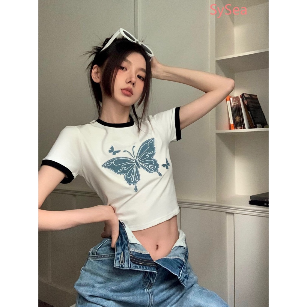 Áo Thun Form Ôm Họa Tiết Bướm Phong Cách Hàn Quốc