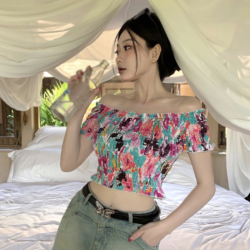 Áo Kiểu Hở Vai In Họa Tiết Hoa Phong Cách Hàn Quốc