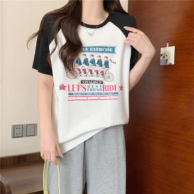 Áo Thun Ngắn Tay Cổ Tròn In Họa Tiết Tương Phản Thời Trang Mùa Hè Mới Cho Nữ