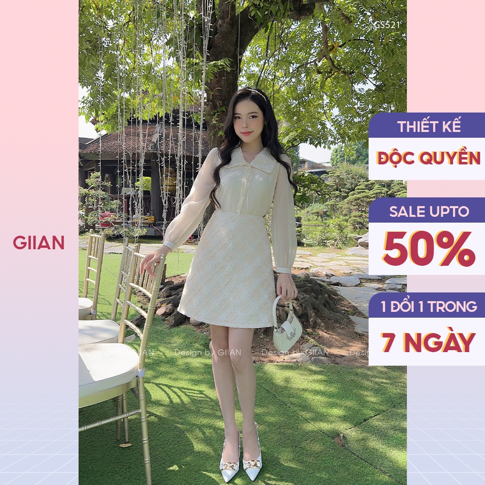 Set váy nữ tiểu thư kathy tơ nến phối áo cổ sơ mi chân váy ren chính hãng Giian - GS521