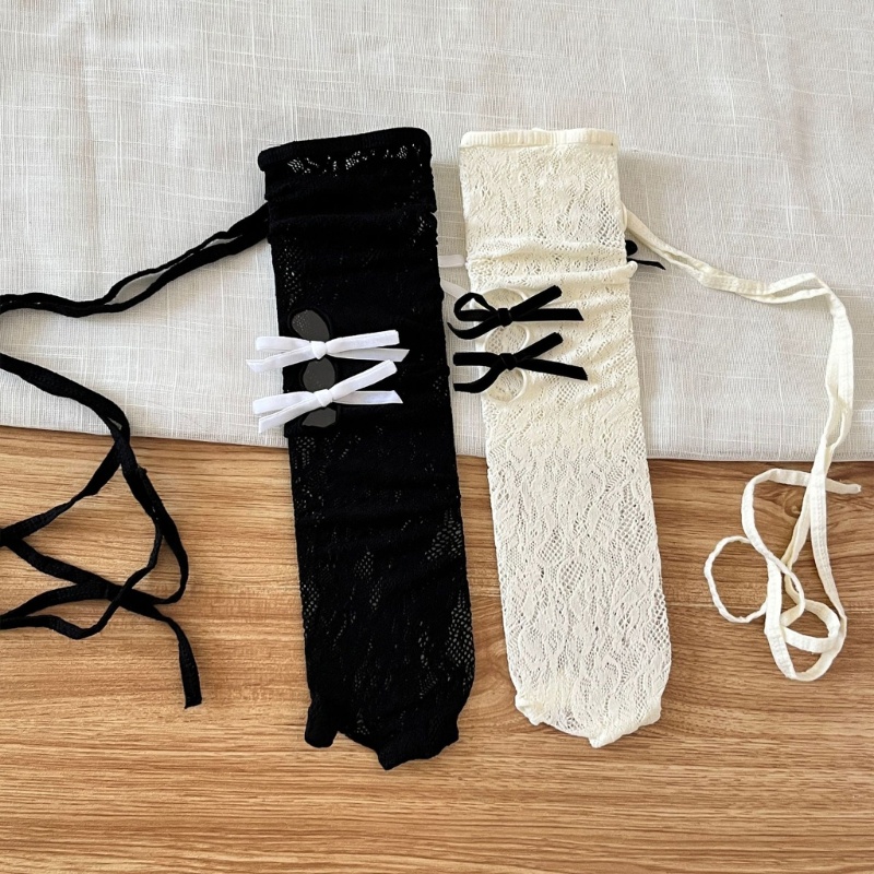 Brroa Tất Lưới Cao Ngang Bắp Chân Đính Nơ Ngọt Ngào Phong Cách Lolita Cho Nữ