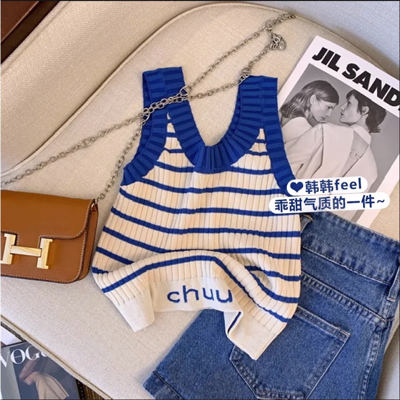 Áo Tank Top Dệt Kim Hoạ Tiết Kẻ Sọc Thời Trang Mùa Hè Phong Cách Hàn Quốc Cho Phái Nữ
