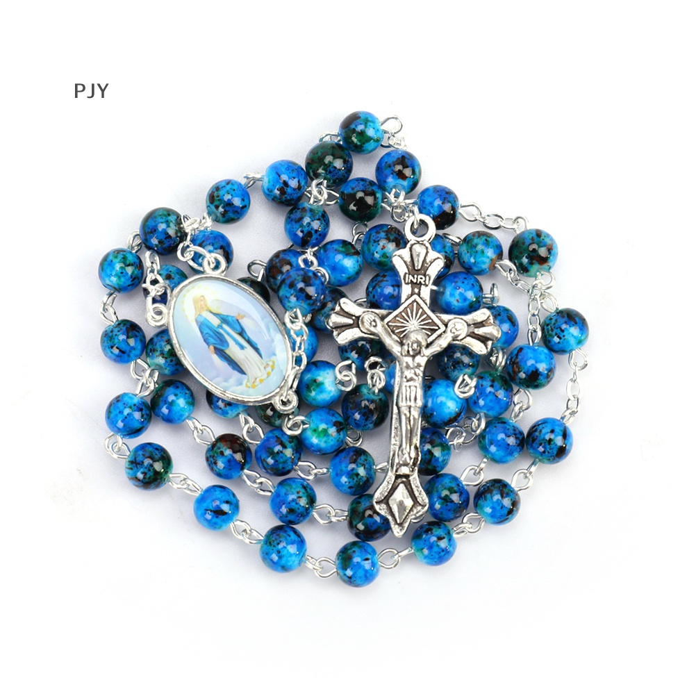 Pjy Vòng cổ Chuỗi Hạt Thủy Tinh Xanh Lam Tròn Cỡ Nhỏ Hình Đức Mẹ Mary Jesus PJ