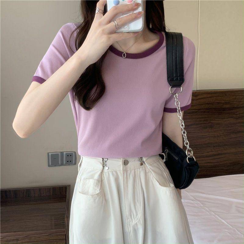 Áo Thun Lụa Lạnh Tay Ngắn Dáng Rộng Màu Sắc Tương Phản Thời Trang Mùa Hè Cho Nữ