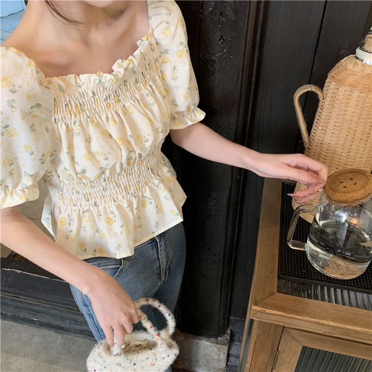 IELGY       Áo Sơ Mi Ôm Eo In Họa Tiết Hoa Phong Cách Pháp Cổ Điển Thời Trang Cho Nữ