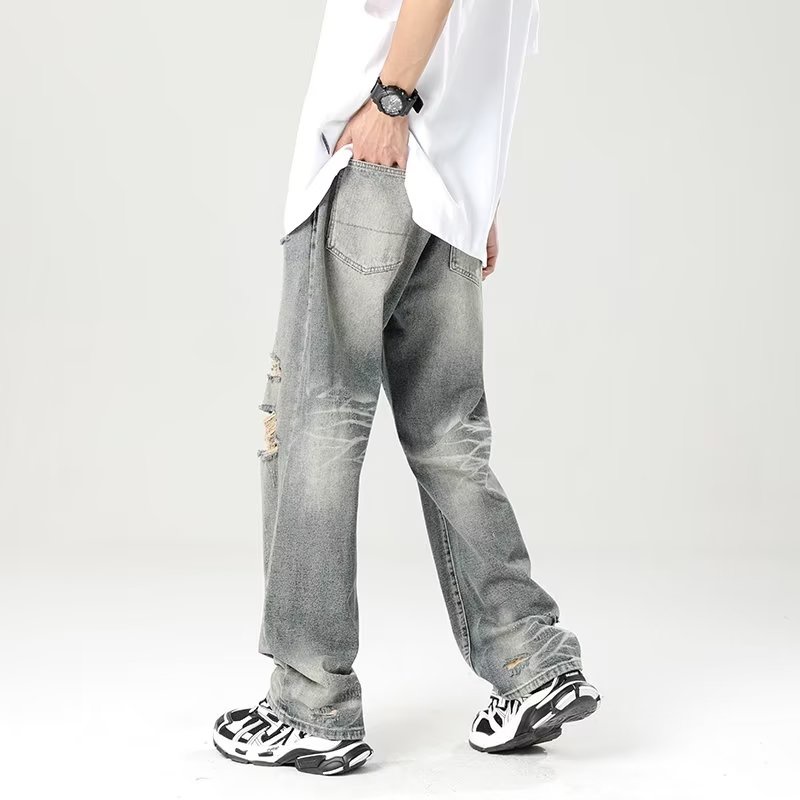 Quần Jean Dài Dáng Rộng Rách Gối Kiểu Retro Mỹ Thời Trang 2022
