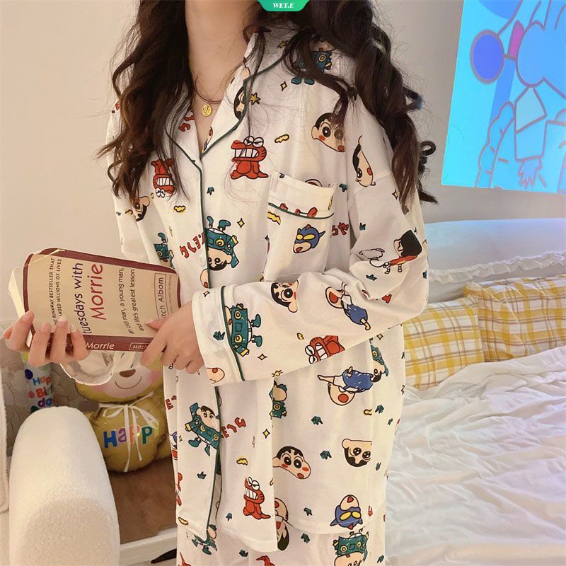 Bộ Đồ Ngủ Dài Tay Họa Tiết Hoạt Hình Đơn Giản Thời Trang Xuân Thu Cho Nữ