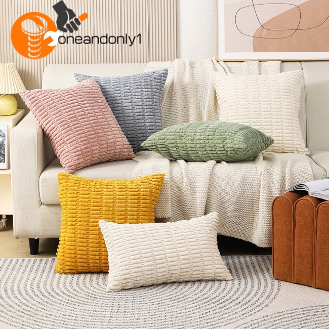 Bộ 2 Vỏ Gối Bằng Vải Nhung Kẻ Màu Trơn Trang Trí Phòng Khách