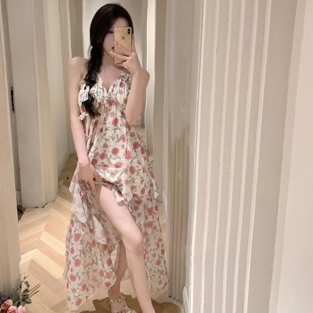 Cozok Đầm Hoa Không Tay Cổ Yếm Thiết Kế Bất Đối Xứng Thời Trang Quyến Rũ Cho Nữ