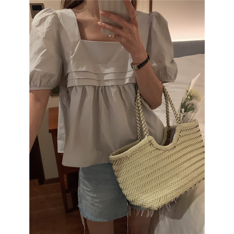 SUXI Áo Sơ Mi Tay Ngắn Phồng Dáng Rộng Thời Trang Hàn Quốc Đơn Giản