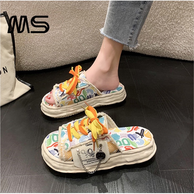có hàng sẵn Dép Lê Cột Dây Đế Dày Phong Cách Graffiti Thời Trang Mùa Hè Mới 2023