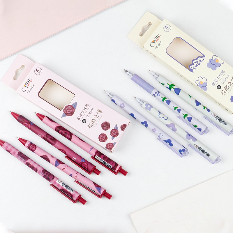 Set 4 Bút Mực Gel Ngòi 0.5mm In Hình Hoa Tulip Dễ Thương