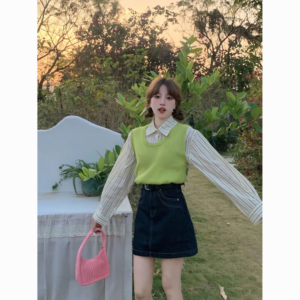 Set Áo Sơ Mi Kẻ Sọc Dài Tay Và Áo Len Không Tay Thời Trang Dành Cho Nữ