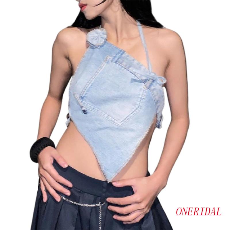 Áo Denim Không Tay Hở Lưng Phong Cách Cổ Điển Thời Trang Mùa Hè Cho Nữ ONERI Y2K