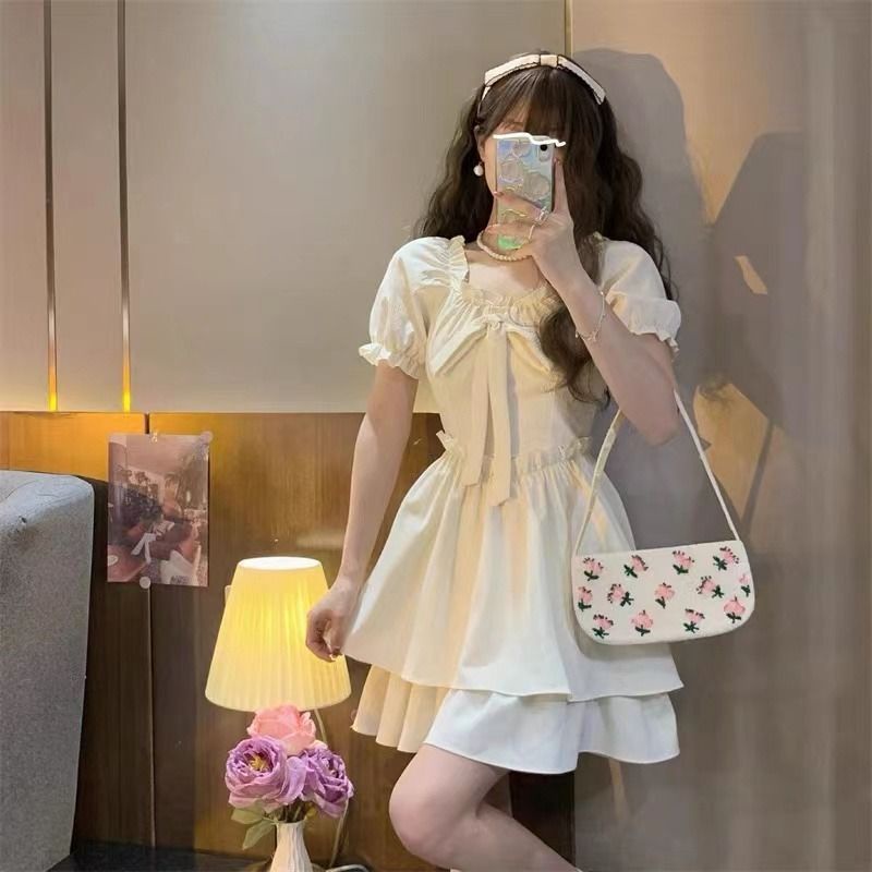 Đầm Chữ A Tay Phồng Phối Ren Thắt Nơ Thời Trang Mùa Hè Kiểu Pháp Mới