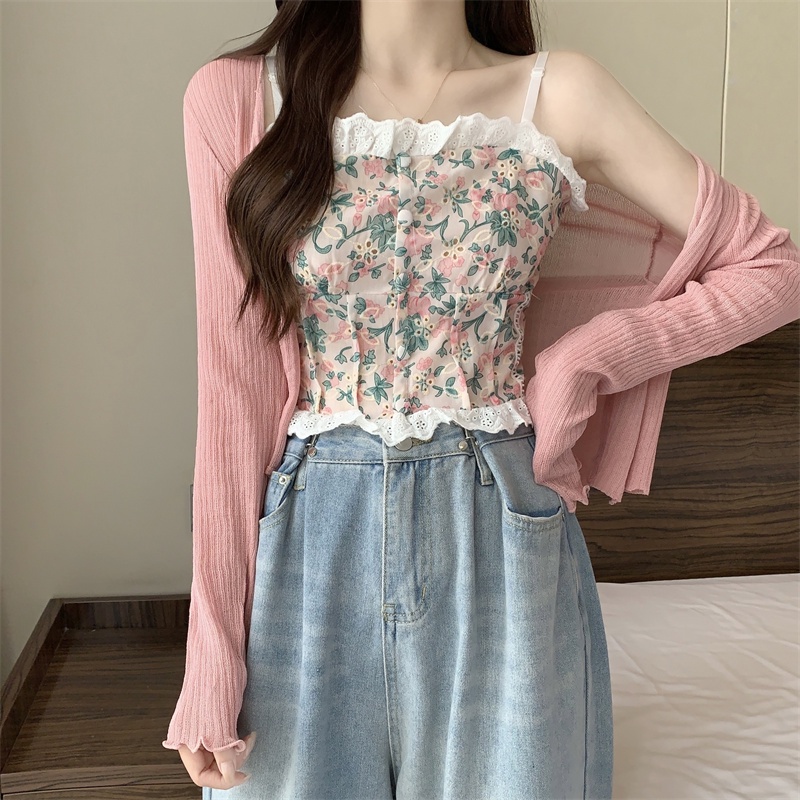 Set Áo Hai Dây Họa Tiết Hoa + Áo Khoác Cardigan Dệt Kim Tay Dài Chống Nắng Thời Trang Mùa Hè