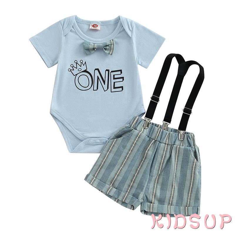 Bộ Trang Phục 2 Mảnh Gồm Áo Thun Tay Cộc Cổ Tròn In Chữ + Quần Short Kẻ Sọc + Băng Cài Đầu Cho Bé Trai 1 Tuổi