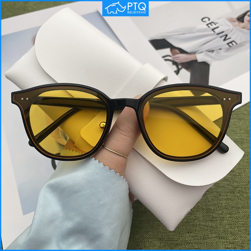 Kính tối cao cấp Màu xanh lá cây đậm Kính gọng nhỏ cho phụ nữ Trà thạch đa năng Kính râm phân cực màu vàng PTQ