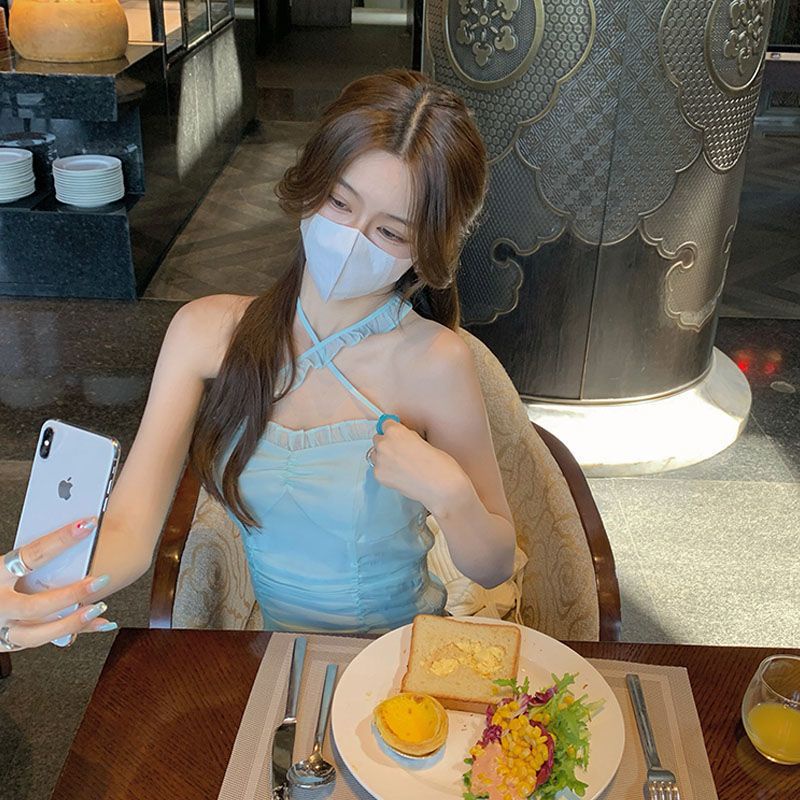 [F &amp; X ' Dây treo cá nhân hóa Ngọt ngào và cay bên trong và bên ngoài Thiết kế mặc cảm giác Phong cách gợi cảm Dây cổ yếm Áo Vest nhỏ Nữ màu hồng Hot Girl Top Sexy Top