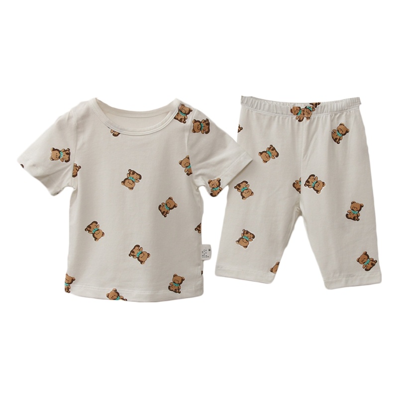 Bộ Đồ Ngủ 2 Món Áo Thun Tay Ngắn In Hình Gấu Dễ Thương Thời Trang Mùa Hè Cho Bé