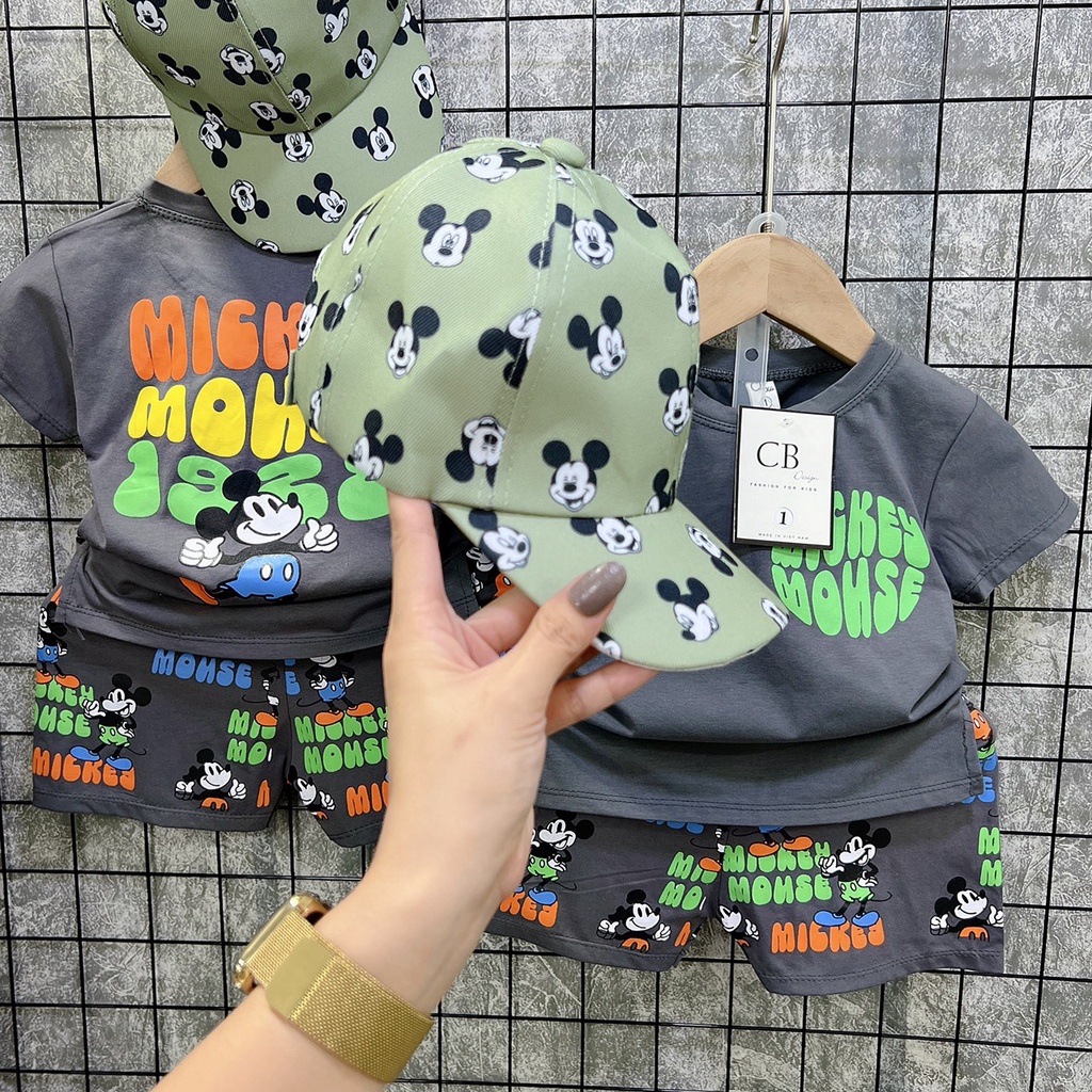 Bộ mickey xám kèm mũ xanh bé trai