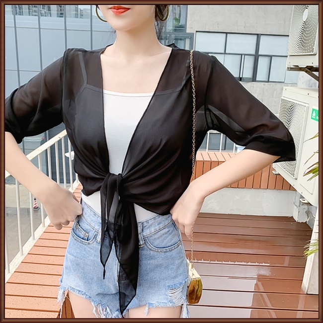 Áo Khoác Cardigan Chống Nắng Cột Dây Cổ Chữ V Chất Liệu Chiffon Màu Sắc Đơn Giản Cho Nữ