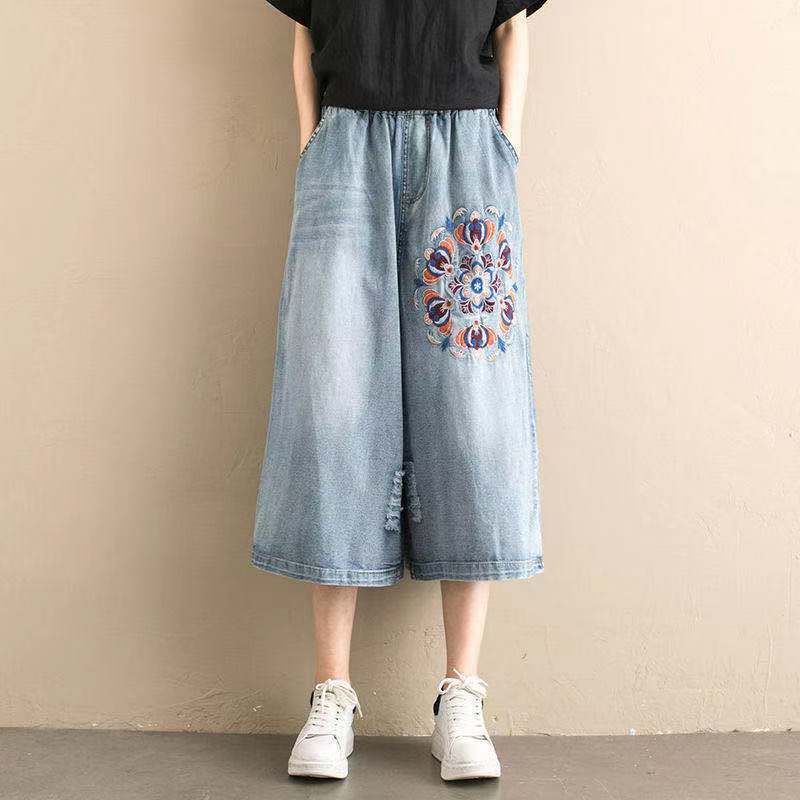 Quần Denim Ống Rộng Lưng Thun Thêu Họa Tiết Thời Trang Cho Nữ 40-100kg 641G