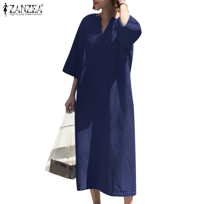 Zanzea Đầm Nữ Tay Lửng Cổ Chữ V Màu Trơn Phong Cách Hàn Quốc