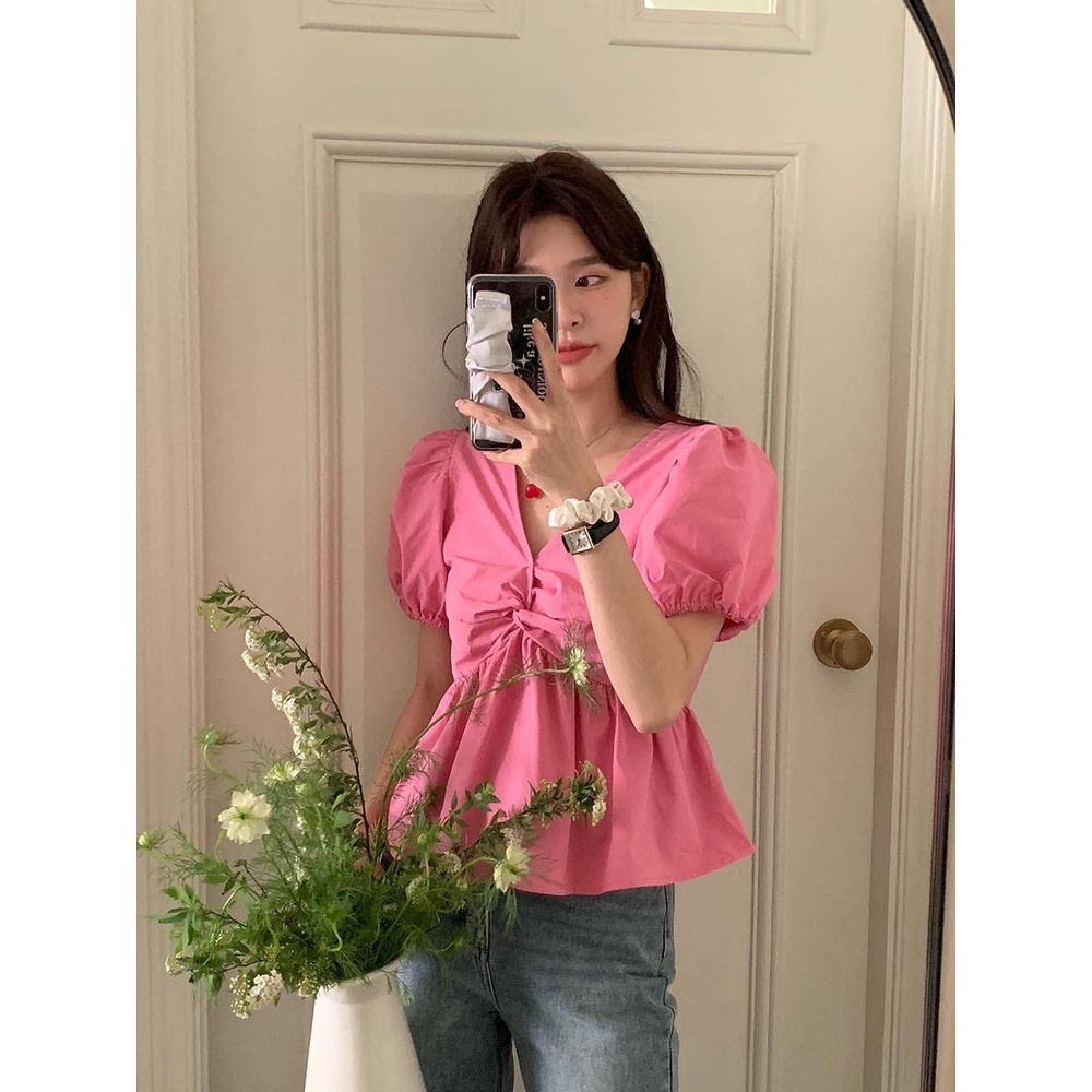 Áo Kiểu Tay Phồng Cổ Chữ V Phong Cách vintage Pháp