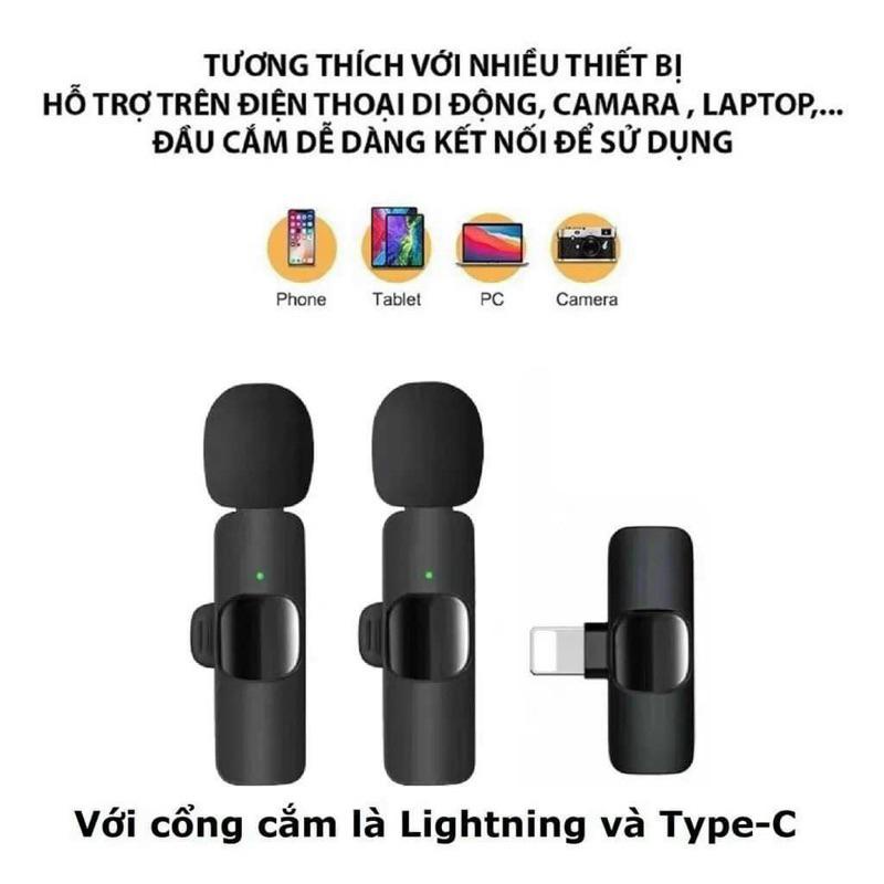 Bộ Micro Thu Âm Không Dây K9  Khử Tiếng Ồn Để Livestream Ghi Âm Quay Video Cổng iPhone và Type C