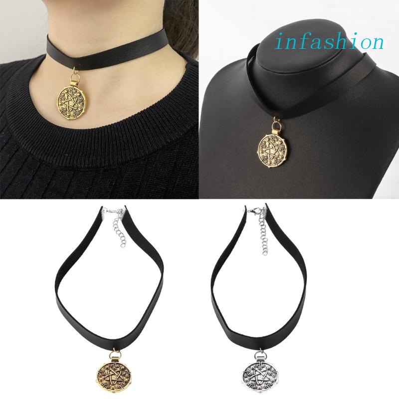 Vòng Cổ Choker Da Màu Đen Phối Mặt Đồng Xu Có Thể Điều Chỉnh