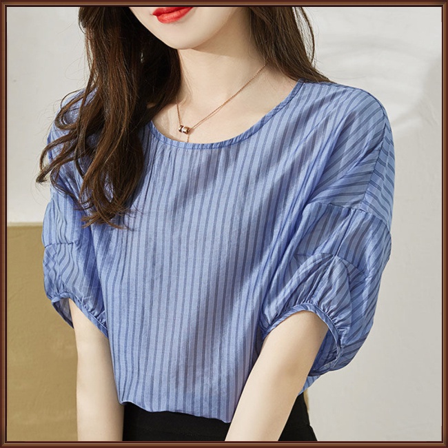 Áo Thun Tay Ngắn Cổ Tròn Họa Tiết Kẻ Sọc Thời Trang Mùa Hè Cho Nữ