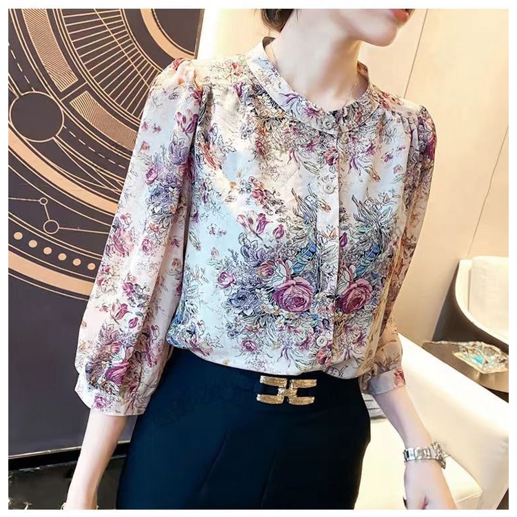 Áo Sơ Mi chiffon Tay Lửng Dáng Rộng In Họa Tiết Hoa Phong Cách Phương Tây Thời Trang Xuân Hè Cho Nữ