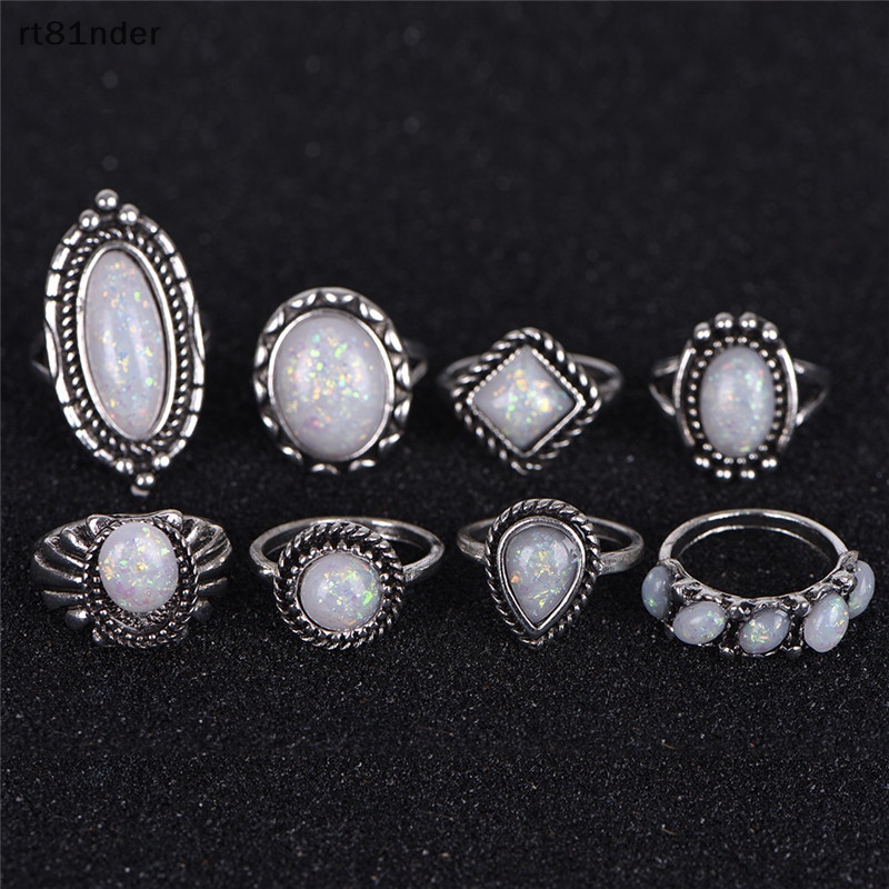 Rt Set 8 Nhẫn Đính Đá Opal Màu Bạc / Trắng Thời Trang Đám Cưới Cho Nữ