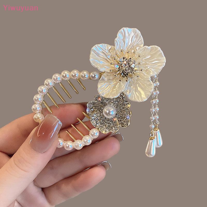 < Yiwuyuan > Kẹp Tóc Đuôi Ngựa Đính Kim Cương Giả Hình Hoa Trà Đính Ngọc Trai Thời Trang Mới Cho Nữ