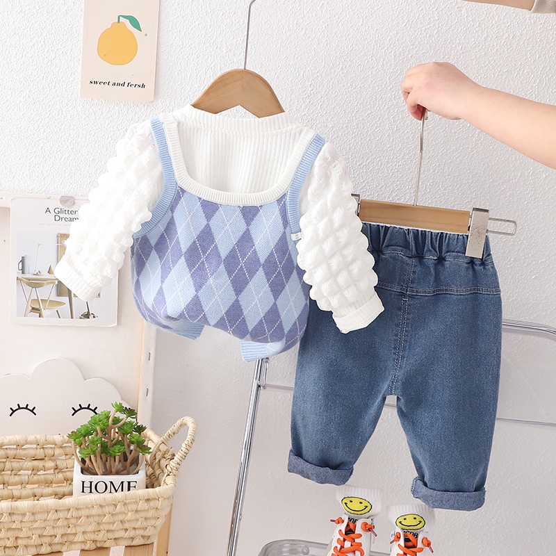 Bộ Đồ sweater Ba Món Sọc Ca Rô Thời Trang Mùa Xuân Đáng Yêu Dành Cho Bé Gái 1-5 Tuổi