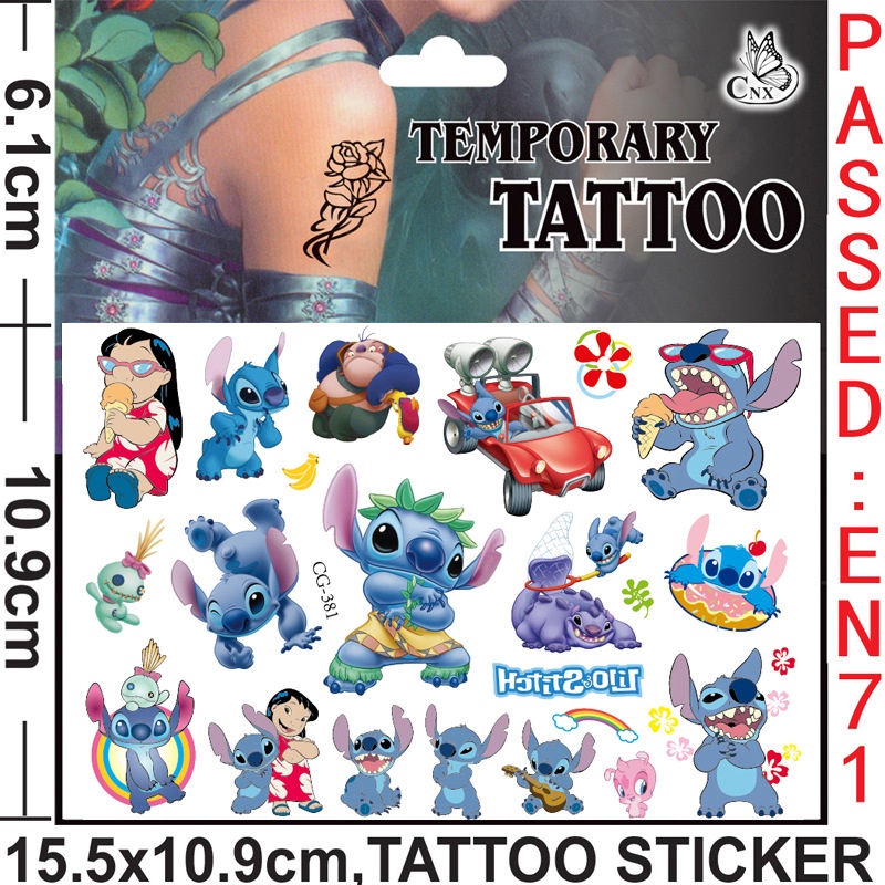 Miếng Dán Hình Xăm Lilo Và Stitch Đáng Yêu &amp; Sticker Hoạt Hình Stitch Chống Thấm Nước Dễ Thương Cho Bé