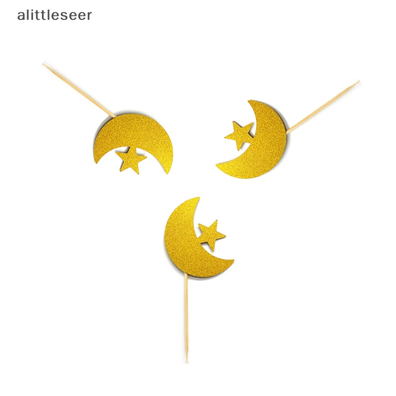 Set 12 Que Cắm Trang Trí Bánh Kem Hình Ngôi Sao / Trăng Màu Vàng / Bạc Dành Cho Sinh Nhật