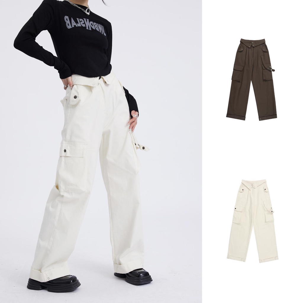 Quần Dài Ống Đứng Nhiều Túi Phong Cách Đường Phố Mỹ Thời Trang Cho Nữ