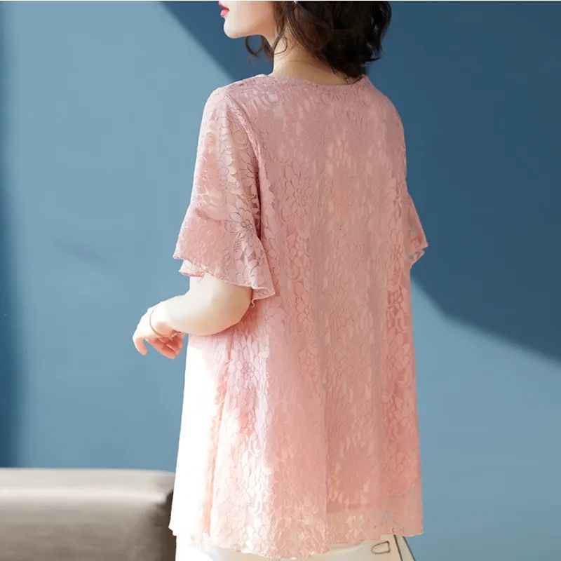 Áo Chiffon Tay Ngắn Phối Ren Thời Trang Cho Phụ Nữ Trung Niên