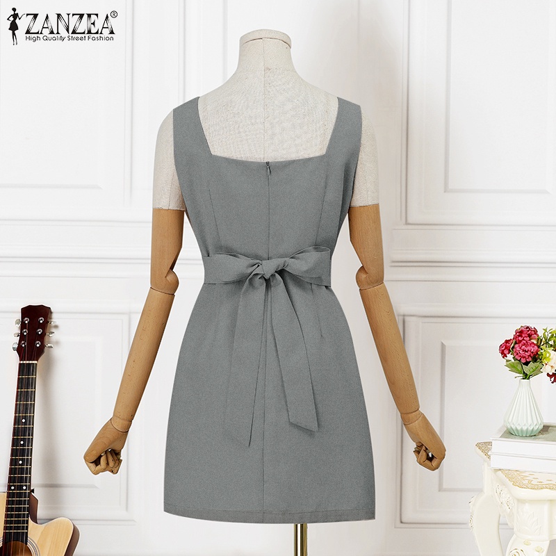 Zanzea Đầm Mini Nữ Cổ Vuông Cột Dây Thời Trang Hàn Quốc