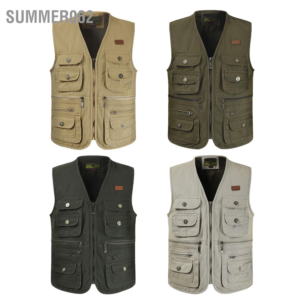 Summer062 Hàng Hóa Áo Vest Nhiều Túi Mềm Mại Thoáng Khí Cotton Nguyên Chất Làm Mịn Dây Kéo Câu Cá Ngoài Trời Nhà Báo Cũ