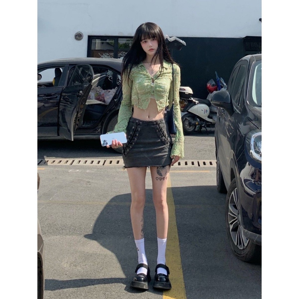 M &amp; E Áo Ren Ngắn Tay Dài Màu Xanh Lá Cây Phong Cách fortylions Pháp Lãng Mạn Mùa Hè Cho Nữ