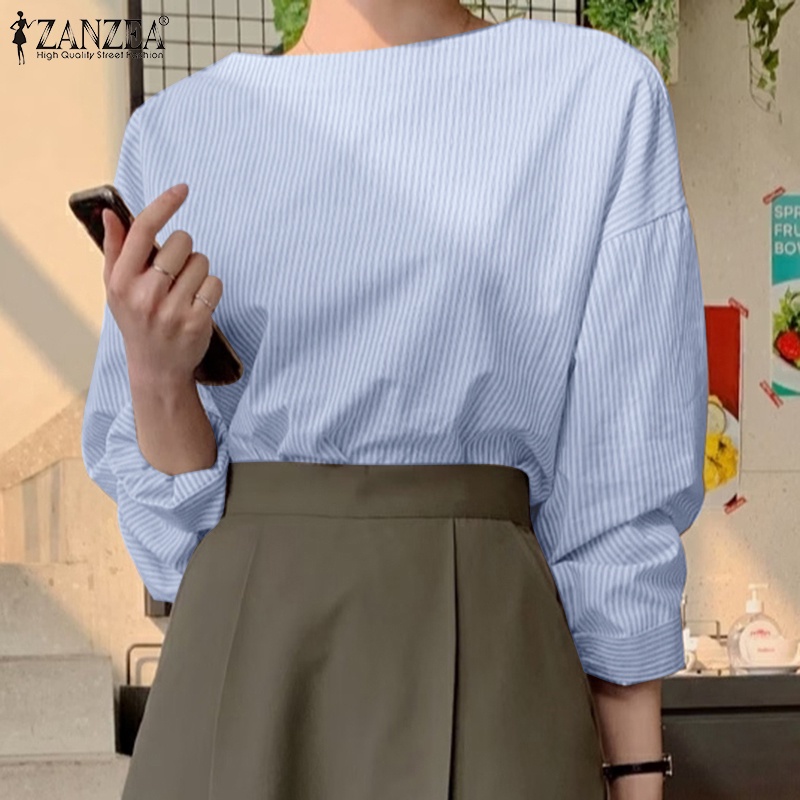 Áo nữ ZANZEA trễ vai dài tay cổ thuyền họa tiết sọc thời trang